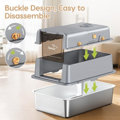 L7 Pro-Stainless Steel Litter Box with Lid, XXL Extra Large Enclosed Metal Cat Box for Kitty&Big Cats, Odor Control - Cat Litter Deodorizer, High Sided Enclosure with Scoop & Mat, Anti-Leakage-Grey - color: Grey