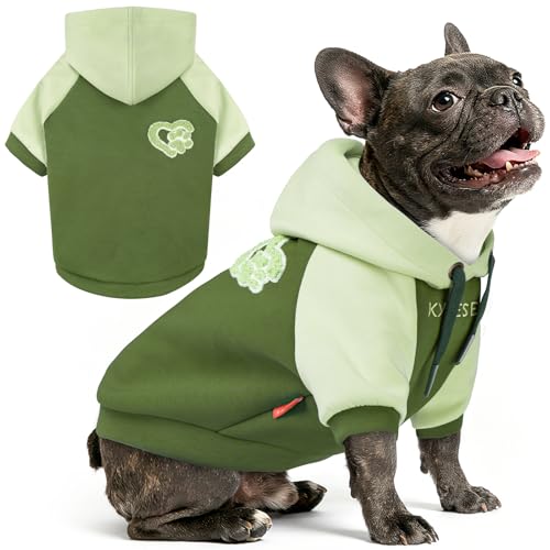 KYEESE Dog Hoodie Stretchy Dog Clothes for Small Dogs Soft Pet Sweatshirt with Drawstring Comfort Cat Sweater Cat Coat with Leash Hole Warm Pet Clothes Dogs Winter Coat for Cold Weather - color: 3#Green, size: Large (14-24lbs)