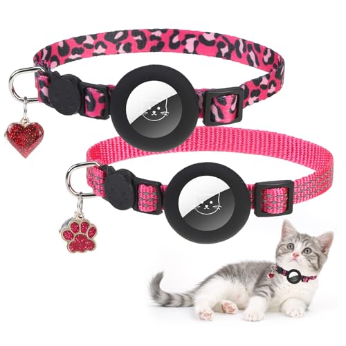 PUPTECK Airtag Cat Collar Breakaway 2 Pack with Bells, Reflective Kitten Collar with Air Tag Holder for Boy Girl Kitty and Puppies, Soft, Fuschia - color: Fuschia