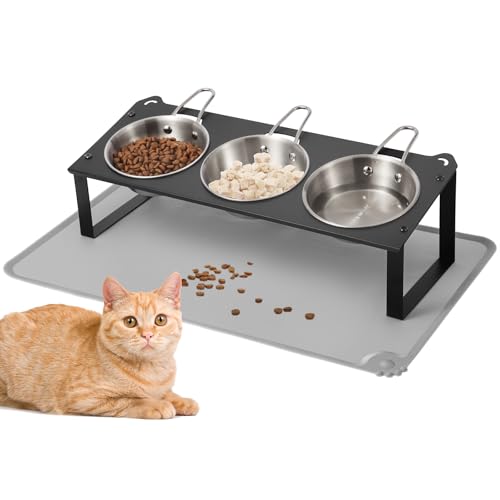 Elevated Cat Bowls with Food Mat, 10°Tilted Non-Slip Raised Cat Food Water Bowls Set, 3 Thick Stainless Steel Pets Dishes with Handles to Indoor Kitten Puppy, Anti-Vomiting Cute Metal Feeding Stand - color: Black-3Bowls-Handles