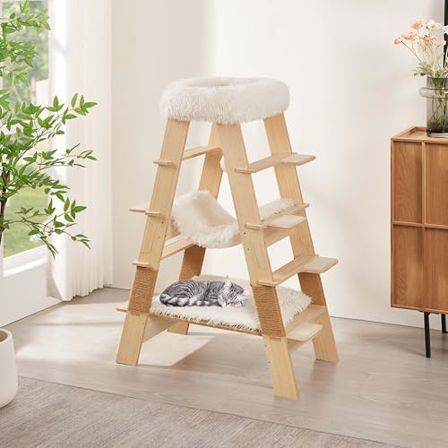 unipaws Pyramid Cat Tree, 5-Level Wooden Cat Ladder, Sturdy Tall Cat Climbing Tower with Cozy Hammock for Kittens and Indoor Cats - size: 5-Level Cat Ladder