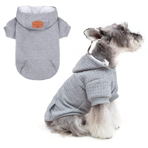 BEAUTYZOO Small Dog Hoodie Sweater with Pockets, Dog Clothes for Small Medium Dogs Boy Girl, Waffle-like Laminated Cotton Pet Coats with Hat and Leash Hole, All Weather Coat for Puppy Doggie Chihuahua - color: Grey, size: S (Back: 12",Chest: 16", Neck: 10