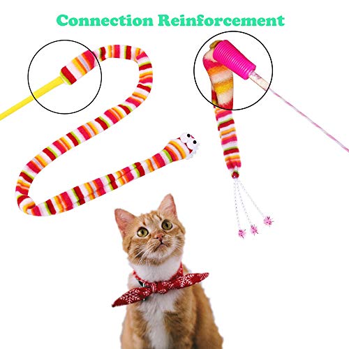 KABASI Cat Wand Rainbow Toy, 3 Styles Funny Interactive Cat Toys, Cuddly Stuffed Snake Toy on Stick with Bell, Colorful Sounding Toys, Rainbow Ribbon Wand for Kittens Training