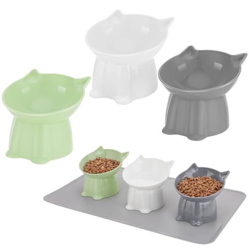 3 Pcs Elevated Cat Bowls 15°Raised Cat Food Bowl with Silicone Mat Whisker Friendly Anti Vomiting Cats Dishes Pet Food and Water Bowls for Indoor Cats Kittens Classic 3 Colors - color: Green, Grey, White