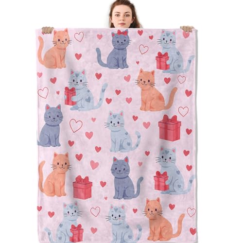Cute Cat Heart Blanket, Cartoon Kitten Valentine Flannel Throw Blankets, 40"x50", Soft Warm Lightweight Fuzzy Cozy Throws for Couch Bed Sofa Decorative Gifts for Pet Lover Girls Kids, Pink - color: Cat 01, size: 40x50 inch