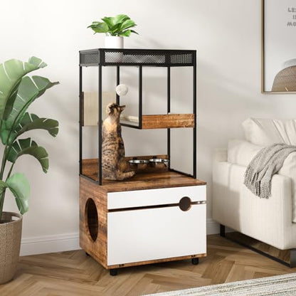 Cat Litter Box Enclosure Cat House Cat Washroom Furniture Cat Cabinet with Storage Shelf, Cat Tree Tower, White+Vintage