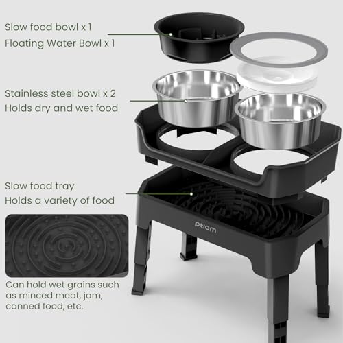 4-in-1 Elevated Slow Feeder Dog Bowls, 4 Height Adjustable Mess Proof Raised Dog Bowl Stand with No Spill Water Bowl, Stainless Steel Doggy Food Dish & Slow Feeder for Large Medium Small Pets - color: Black, size: Water Bowl + Stainless Steel Bowl + Slow