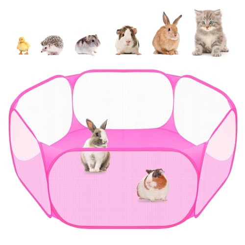 Amakunft Small Animal Playpen, Pop-Up Portable Play Yard for Guinea Pigs, Rabbits, Hamsters, Hedgehogs, Foldable Exercise Fence with Breathable Mesh for Indoor Outdoor Use - color: Pink