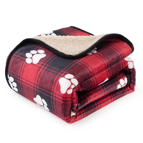 Waterproof Dog Blankets Pet Blanket 50"x60", Soft Fluffy Sofa Car Bed Protector, Reversible Sherpa Fleece Dog Blanket for Large Dogs Christmas Decor(Paw Red) - color: Paw Red, size: 50"x60"