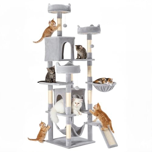 DUMOS Tall Cat Tree 75 Inch, Large Multi-Level Cat Tree Tower with Condo, Perches, Sisal Scratching Posts Board and Hammock, Pet Play House with Dangling Balls for Indoor Cats, Light Grey - color: Light Grey, size: 75 Inch