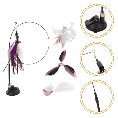 Plume-Like Teasing Cat Wand with Bell, 4pcs Replacement Heads, Strong Suction Base, Indoor Interactive Teaser for Cats and Kittens