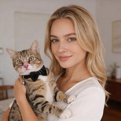 Velvet Cat Collar, Removable Kitten Bow Tie - Breakaway Cat Collar with Bell - Safety Buckle, Adjustable 7-11 Inches for Cats