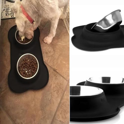 Dog Food Bowls Stainless Steel Pet Bowls & Dog Water Bowls No Spill Non Skid, Feeding Bowls with Dog Bowls Silicone Mat for Small Medium Large Size Dogs, Cat Pet Dog Dishes Set, Black, 3 Cup - color: Black, size: 3 Cup/27 oz each