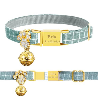 Personalized Breakaway Cat Collars - Magnetic Buckle, Bell - Safety Quick Release, Customized for Girls & Boys Cats- (Checkered-Cyan) - color: Checkered-Cyan