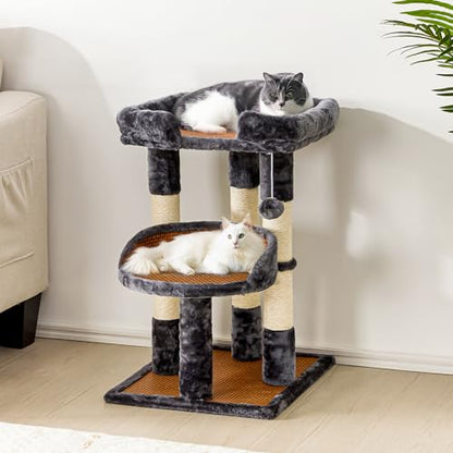 Multi-Level Cat Tower with Scratching Posts, Cat Tree with Double Cat Bed & Hanging Toys, Cute Climbing Tower with Sisal Scratcher for Kittens & Adult Cats, Grey - color: Grey