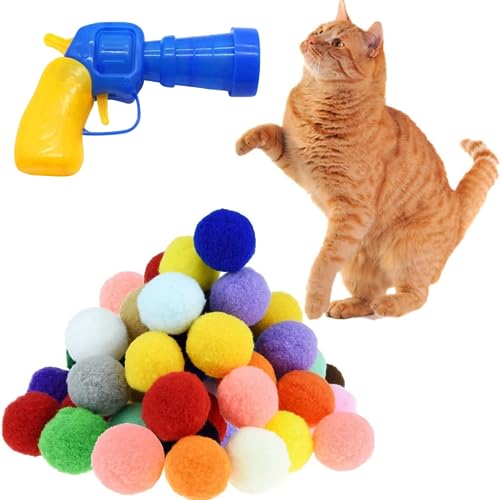 30 Pcs Soft Pom Pom Balls for Kittens with Cat Ball Launcher Toy, Interactive Plush Toy for Kitten Training and Play - Pet Products for Cats (3.0 CM with Bloster) - size: 1.2 Inches 30 Balls With Ball Gun