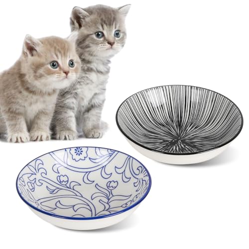 HAPPY KIT 2pcs Ceramic Cat Food Bowls for Indoor Cats Set,5.7 inch Colorful Cute Feeding Plate with Non Slip Mat,8.5oz Cat Dish/Dishes,Wide Shallow Bowl Whisker Friendl - color: Stamen&Line