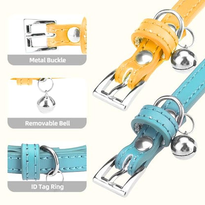 PUPTECK 2 PCS Soft Genuine Leather Cat Kitten Collar with Bells Adjustable for Girl Boy Cats Puppy - Yellow, Teal - color: Yellow&Teal