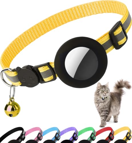 Airtag Cat Collar Breakaway, Reflective Kitten Collar with Apple Air Tag Holder and Bell for Girl Boy Cats, 0.4 Inches in Width and Lightweight(Yellow) - color: Yellow