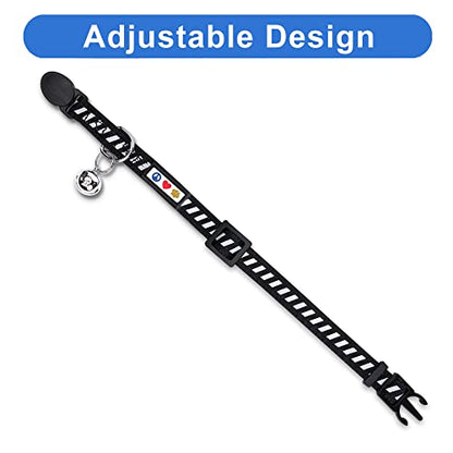 Pawtitas Personalized Black Reflective Cat Collar – Adjustable Custom Collar with Safety Buckle, Removable Bell, and Engraved Name & Phone Number for Kittens and Adult Cats - color: Personalized Black
