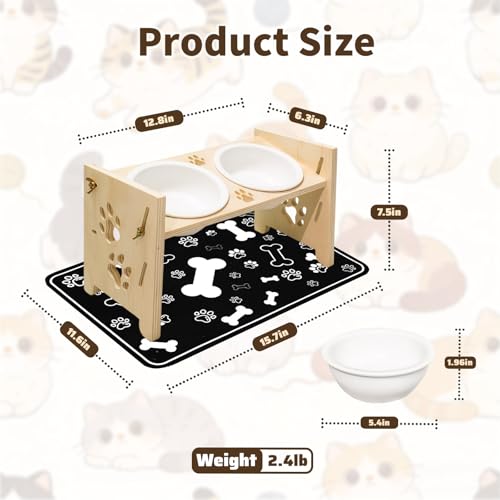 2026 New Elevated Cat Bowls with Food Mat, Adjustable Height & Angle Raised Cat & Dog Bowls Stand for Food and Water, Cat or Small Dog Feeding Station, 2 Ceramic Bowls for Cats and Puppy(Natural Wood) - color: nature
