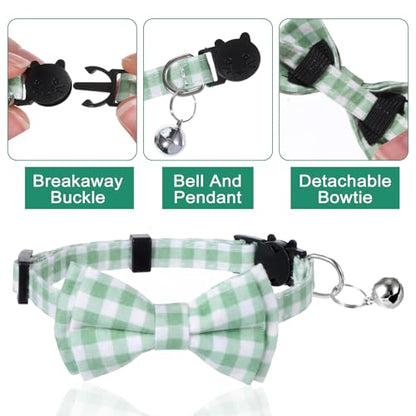 3pcs Bow Tie Cat Collar with Bells, Breakaway Bowtie Plaid Cat Collar, Soft Adjustable Bow Cats Collars for Kitten Puppy and Small Pets(Green) - color: dark green