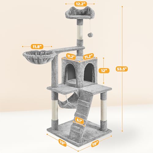 Yaheetech | 54in Cat Tree | Multi-Level Cat Tower w/Spacious Perch, Cozy Condo and Hammock, 3 Scratching Posts, Interactive Toy | Sturdy Pet Furniture | for Indoor Kittens to Large Cats | Light Gray - color: Light Gray