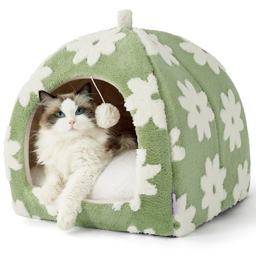 Lesure Cute Cat Beds for Indoor Cats - 2 in 1 Large Cat Cave Bed with Removable Washable Cushioned Pillow, Cozy Kitten Tent with Non-Slip Bottom, Green, 17.3 inches - color: Flower Garden Green, size: 17.3"L x 17.3"W x 17.3"Th