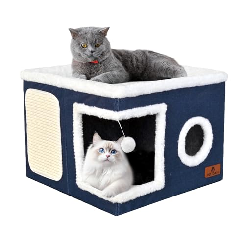Cat Beds for Indoor Cats, Large Cat Cave Bed with Scratch Pad and Fluffy Ball, Foldable Cat Hideaway, Cat House with Reversible Cushion for Multi Small Pet Up to 30LBS, Blue - color: Blue, size: Single