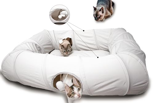 XxingSheep 4 Ways Shuttled XL Cat Tunnel Bed for Indoor Cats Peekaboo Cat Cave Donut with Cool Mat - color: Light Gray, size: Extra Large