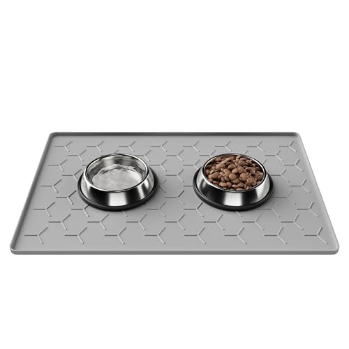 Pieviev 24''x16'' Dog Cat Food Bowl Mat, Silicone Waterproof Food Grade Pet Food Mat for Floor, High Raised Edge to Prevent Spills, Non-Slip & Easy Clean Pet Placemat for Dog & Cat Bowls, Light Gray - color: Light Gray, size: M-24''X16''
