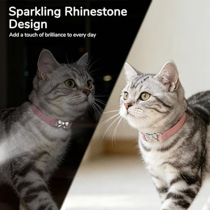 BINGPET Bling Cat Collar with Bells and Safety Belt,Adjustable Soft Velvet Kitten Collar with Diamond Bow,Cute Pink Cat Collars for Girl Cats(Pink, Neck Girth 8"-10") - color: Pink(Bowknot), size: Neck Girth 8"-10"