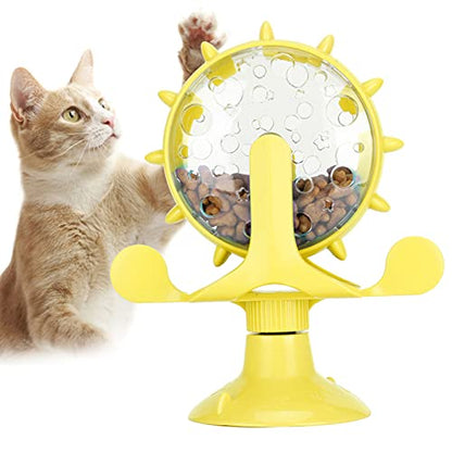 GLOGLOW Interactive Cat Puzzle Feeder, Windmill Treat Dispensing Cat Toy, Indoor Playtime, Suction Cup, Slow Feeding, for Cats, Kittens, and Puppies Training Rewards - color: yellow