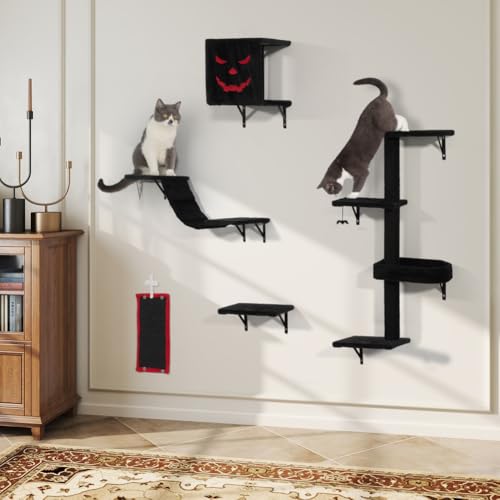 5 Pcs Wall-Mounted Climber Set, Wood Indoor with Shelves and Perches, Ladder, Condo House, Scratching Board and Tree, Wall Shelves Furniture for Cats (Black&Red) - color: Black&Red