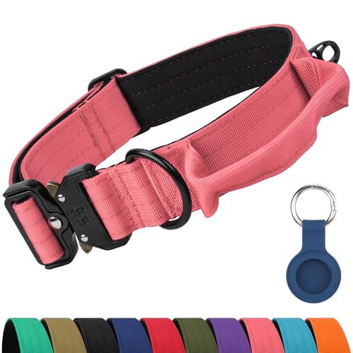 Joytale Tactical Dog Collar for Large Dogs with Control Handle, Heavy Duty Military Training Collar for Power Breeds, AirTag Holder Case, Quick Release Metal Buckle, Soft Padded, L, Pink - color: Hotpink, size: L-1.5"×17-23"
