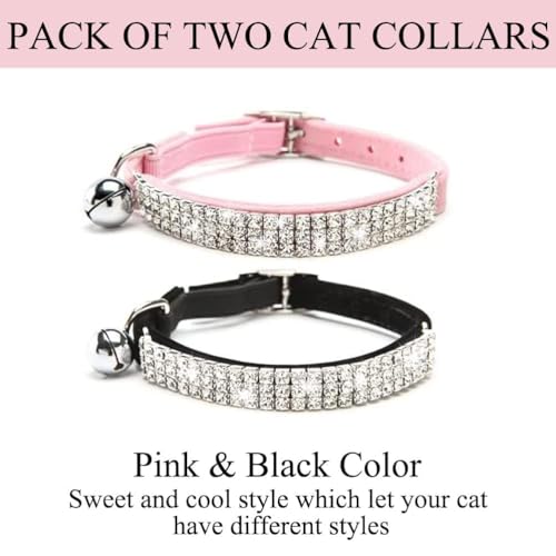 BINGPET 2 Pack Diamond Cat Collar with Bell, Adjustable Soft Velvet Bling Rhinestone Cat Collar, Sparkly Kitten Collar with Metal Buckle and Safety Elastic for Small Medium Cats, Pink & Black - color: Pink & Black(Rhinestones), size: Neck Girth 8"-10"