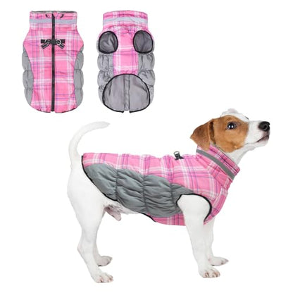 BEAUTYZOO Dog Winter Coat with Harness Built in, Reflective Plaid Puffer Vest Waterproof for X-Small Dogs, Fleece Warm Puppy Zipped Jacket with D Ring, Pet Cold Weather Sweater Clothes, Pink XS - color: Pink, size: X-Small