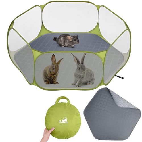 Pawaboo Small Animals Playpen with Pad, Waterproof Small Pet Cage Tent with Reusable Pad, Portable Outdoor Yard Fence for Chick/Kitten/Puppy/Guinea Pig/Rabbits/Chinchillas, Green + Grey - color: Green + Grey