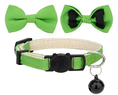 Cat Collar with Bow Tie Bell Breakaway Bowtie 2pcs Set Spring Plaid Flower Floral Solid Boy Girl Cute Kitten Safety B [Plaid & Solid] Green - color: B [Plaid & Solid] Green