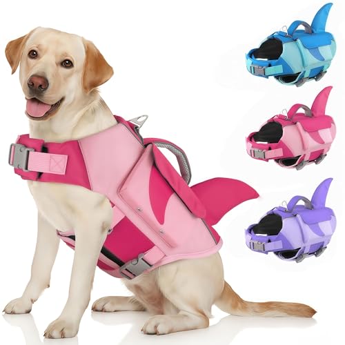 Dog Life Jacket Shark– High Flotation Dog Life Vest with Reflective Stripes, Pet Swimming Vest with Rescue Handle for Small Medium and Large Dogs, Suitable for Swimming & Boating – Pink, XL - color: Pink, size: X-large