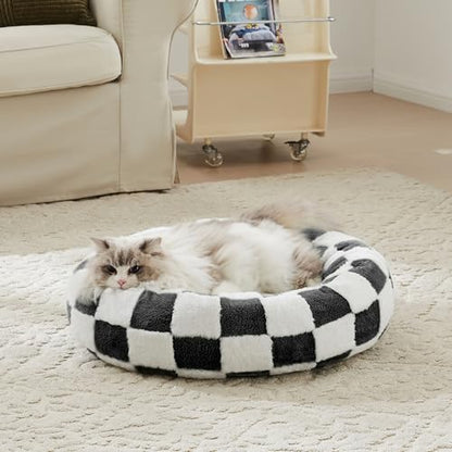Ohocut Checkered Cat Dog Bed, Cute Black White Retro Style Aesthetic Round Warming Pet Calming Beds for Small Dog and Cats, Plush Cozy Donut Beds Washable, 23" L x 23" W x 8" Th - color: Black, size: 23"L x 23"W x 8"Th