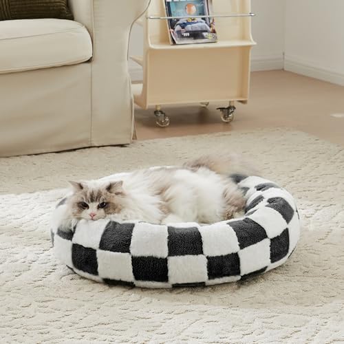 Ohocut Checkered Cat Dog Bed, Cute Black White Retro Style Aesthetic Round Warming Pet Calming Beds for Small Dog and Cats, Plush Cozy Donut Beds Washable, 23" L x 23" W x 8" Th - color: Black, size: 23"L x 23"W x 8"Th