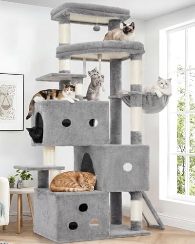 Heybly Cat Tree, 74-Inch Streamlined Cat Tower for Large Cats with 3-Tier Stacked Condos, Cat Furniture with Large Perch, Sturdy Base, Full Sisal Scratching Posts & Ramp, Light Gray HCT061W - color: Light Gray