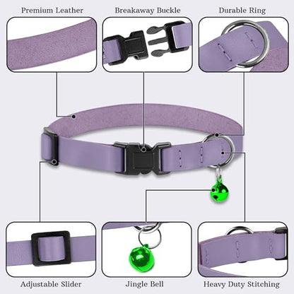 Breakaway Cat Collar with Bell - Leather Adjustable Kitten Collars with Safety Quick Release Buckle - Soft Small Pet Collars for Girl & Boy Cats (Lavender) - color: Lavender
