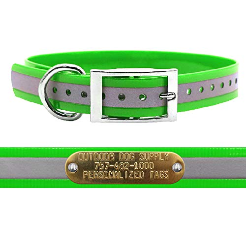 Outdoor Dog Supply 1" Heavy Duty Reflective Waterproof D-Ring Dog Collar for Medium & Large Dogs with 3/4" Custom Brass Nameplate (Reflective Lime Green, 18") - color: Reflective Lime Green, size: 18" Long
