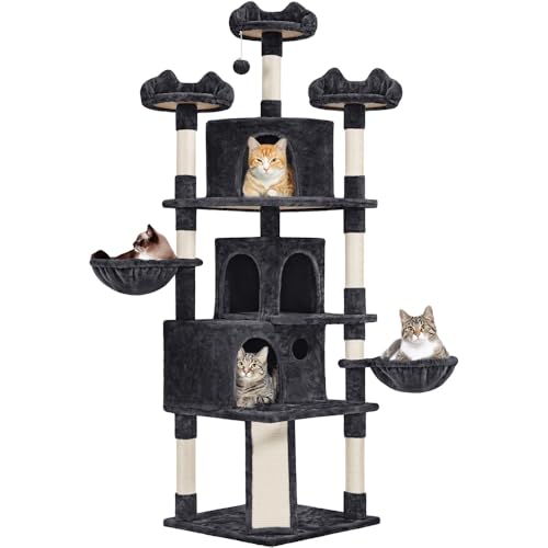 Yaheetech 76.5in Multi-Level Large Cat Tree, Big Cat Tower with 3 Condos, Cozy Plush Perches, 9 Sisal Scratching Posts and Ladder, Activity Center for Large Kitties, Black - color: Black