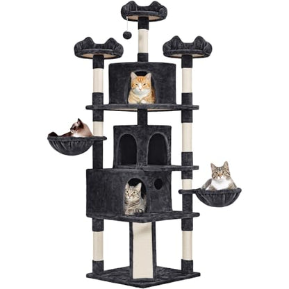 Yaheetech 76.5in Multi-Level Large Cat Tree, Big Cat Tower with 3 Condos, Cozy Plush Perches, 9 Sisal Scratching Posts and Ladder, Activity Center for Large Kitties, Black - color: Black