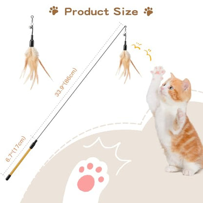 Pawaboo Feather Teaser Cat Toy - Interactive Wand with Extra Long 34.5" Wand and Small Bell, Fun Exerciser Playing Toy for Kittens or Cats, Brown Feather - color: A-Brown