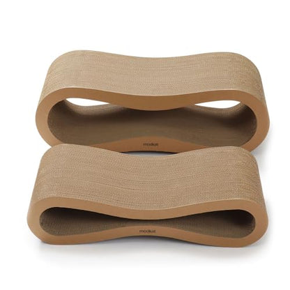 Modkat® Premium 2 Cat Scratcher Set. Large (30L X 10.6H in.) and Small (26.6L X 7H in.) Sizes. Scratch, Play Lounge. High-Grade Cardboard, 100% Recyclable, Reversible.