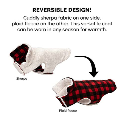 Furhaven Reversible XL Dog Coat, Washable & Insulating w/ Leash Access - Sherpa & Plaid Fleece Flex-Fit Jacket - Cream/Red, Extra Large - color: Cream/Red Plaid, size: X-Large